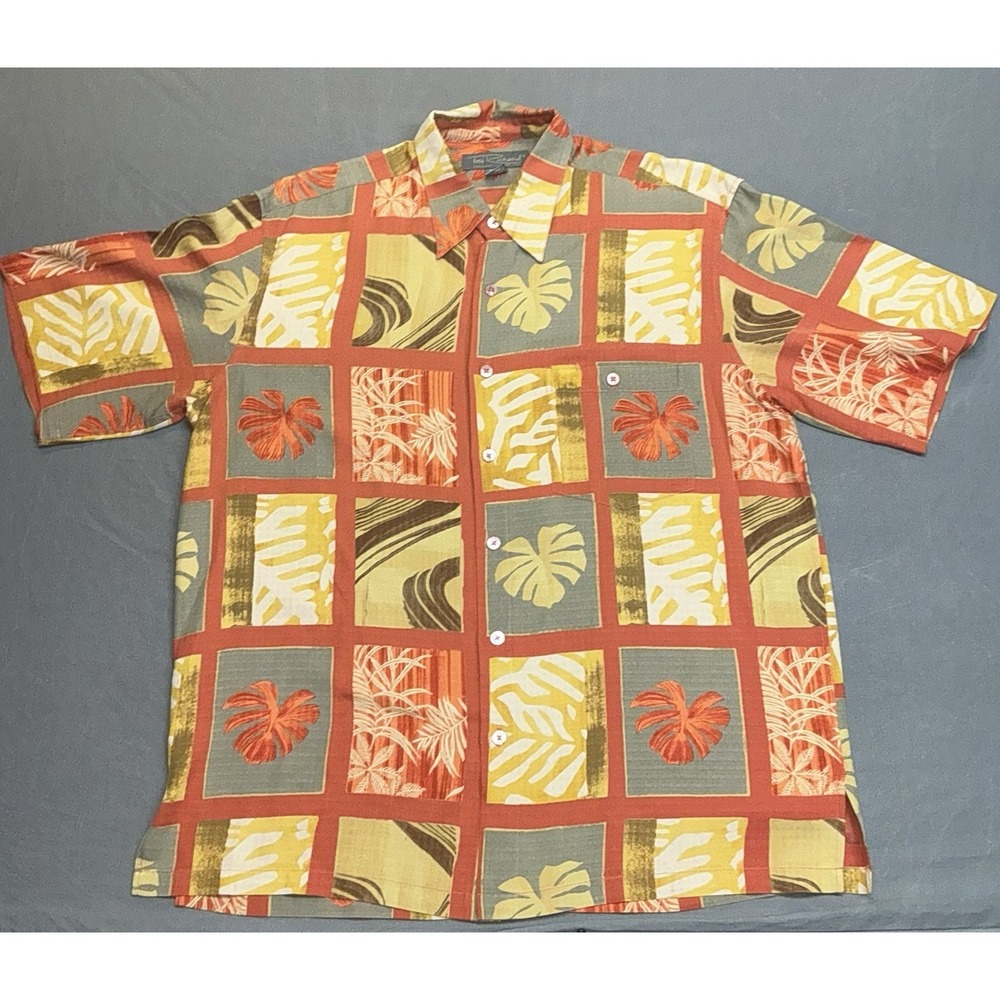 Tori Richard Hawaiian Aloha Orange Abstract Palm Camp Lounge Shirt Men's L Silk